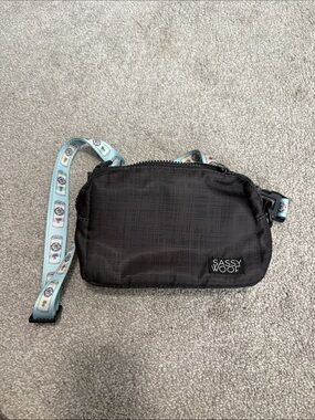 Black Crossbody Belt Bag with Patterned Strap